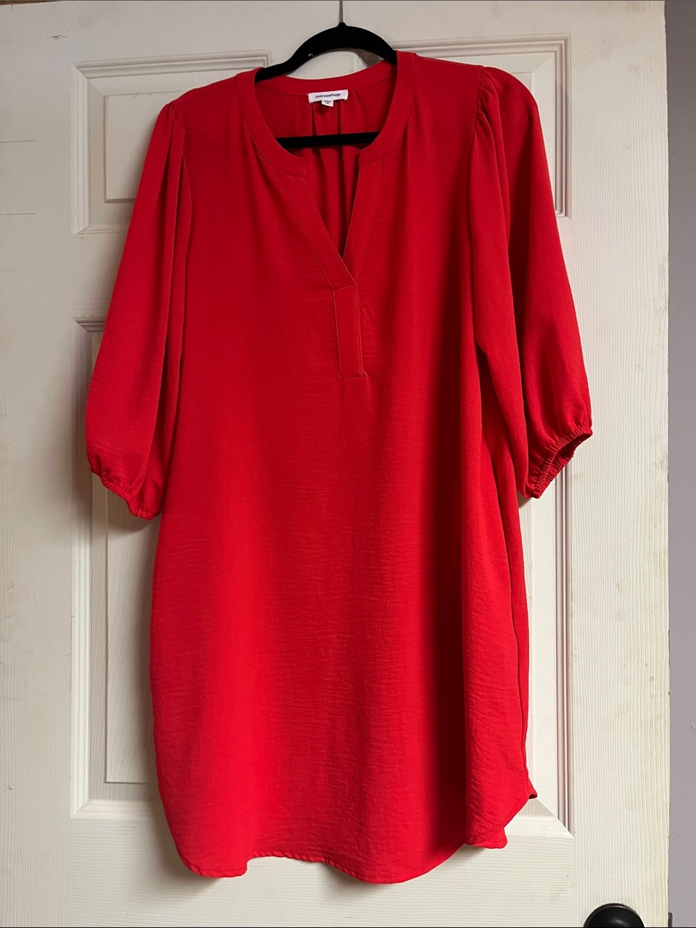 mittoshop Red V-Neck Tunic with Puff Sleeves